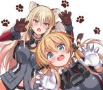  anchor_ornament animal_ears bismarck_(kancolle) black_panties blonde_hair blue_eyes breasts brown_gloves cat_ears chestnut_mouth cowboy_shot curled_fingers detached_sleeves gloves green_eyes kantai_collection kuroten large_breasts long_hair low_twintails military_uniform panties paw_print prinz_eugen_(kancolle) twintails underwear uniform upper_body white_background white_gloves 