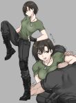  1boy 1girl black_hair black_pants black_shirt breasts brown_eyes brown_hair dog_tags fighting fuku_(fuku12290574) grabbing green_shirt grey_background highres knee_pads military mixed-sex_combat original pants shirt short_hair 