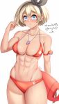  1girl abs anger_vein anisdrawn bea_(pokemon) bikini blonde_hair blue_eyes blush breasts cowboy_shot double-parted_bangs english_commentary english_text hair_between_eyes hairband hand_up highres lifeguard looking_at_viewer navel nose_blush parted_lips playing_with_own_hair pokemon pokemon_swsh red_bikini short_hair simple_background skindentation solo stomach sweat swimsuit tan toned veins veiny_arms whistle whistle_around_neck 