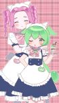  2girls :3 animal_ear_hairband animal_ears apron back_bow blue_dress blush bow bowtie breasts cat_ear_hairband cat_ears character_name closed_eyes closed_mouth dot_nose double-parted_bangs dress drill_hair fake_animal_ears feet_out_of_frame food green_hair hairband hand_on_another&#039;s_shoulder hand_on_own_hip height_difference highres holding holding_tray howahowa_kanmiryou ice_cream long_hair looking_at_viewer low_ponytail maid maid_headdress medium_breasts multiple_girls name_tag one_eye_closed open_mouth parted_bangs pink_bow pink_bowtie pink_hair plaid plaid_background puffy_short_sleeves puffy_sleeves shikoku_metan shirt short_sleeves sidelocks small_breasts smile socks standing sundae sweatdrop thick_eyebrows translated tray twin_drills voiceroid voicevox white_apron white_shirt white_socks white_wristband yellow_eyes zundamon 