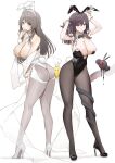  2girls animal_ears arms_up ass azur_lane between_ass black_footwear black_hair black_leotard black_pantyhose charybdis_(azur_lane) closed_mouth fake_animal_ears full_body grey_eyes grey_hair grey_pantyhose hand_on_own_thigh hashtag_only_commentary high_heels highleg highleg_leotard highres hougu_souji leotard long_hair looking_at_viewer looking_back manjuu_(azur_lane) medium_hair multiple_girls pantyhose playboy_bunny rabbit_ears red_eyes royal_fortune_(azur_lane) shawl smile standing strapless strapless_leotard tentacle_hair white_footwear white_leotard white_shawl 