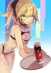  bare_shoulders bikini blazblue blonde_hair center_opening drink green_eyes hair_ribbon hyakuhachi_(over3) navel noel_vermillion ponytail ribbon solo swimsuit 