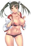  alternate_breast_size ass_visible_through_thighs bikini black_bikini breasts cleavage clenched_hands collarbone contrapposto cowboy_shot forearms_at_chest frown green_eyes hair_ribbon highres kantai_collection large_breasts long_hair looking_at_viewer navel nipples off_shoulder open_clothes open_shirt ribbon shiny shiny_skin shirt skindentation solo standing strap_gap sweat swimsuit twintails untsue zuikaku_(kantai_collection) 