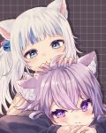  2girls absurdres animal_ear_fluff animal_ears blue_eyes blue_hair blue_nails blush cat_ears cat_girl cube_hair_ornament gawr_gura gawr_gura_(casual) hair_ornament hand_on_another&#039;s_head highres hololive hololive_english hood hoodie looking_at_viewer medium_hair multicolored_hair multiple_girls nail_polish nekomata_okayu nekomata_okayu_(1st_costume) official_alternate_costume purple_eyes purple_hair purple_hoodie shirt side_ponytail smile streaked_hair virtual_youtuber white_hair white_shirt wsakuraw 