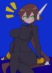  1girl absurdres aile_(mega_man_zx) black_bodysuit blue_background blush bodysuit breasts brown_hair buzzlyears covered_navel green_eyes highres large_breasts long_hair looking_at_viewer mega_man_(series) mega_man_zx mega_man_zx_advent ponytail robot_ears sitting solo upper_body 