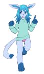 2020 3_toes 5_fingers absurd_res anthro anthrofied big_ears blue_body blue_clothing blue_eyes blue_hair blue_inner_ear blue_sweater blue_topwear clothing colored dipstick_tail eeveelution eyebrows feet female fingers generation_4_pokemon gesture glaceon hair hand_gesture hi_res long_hair looking_away markings nintendo open_mouth panties pink_clothing pink_nose pink_panties pink_underwear pokemon pokemon_(species) raised_finger raised_index_finger signature simple_background solo standing sweater tail tail_markings teeth thin_eyebrows toes topwear underwear walking white_background yoako
