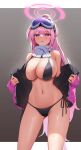  1girl absurdres bikini black_bikini blue_archive blush breasts cleavage coat commentary eimi_(blue_archive) eimi_(swimsuit)_(blue_archive) goggles goggles_on_head grey_background halo highres large_breasts long_hair looking_at_viewer official_alternate_costume open_clothes open_coat parted_lips pink_coat pink_hair pink_halo purple_eyes side-tie_bikini_bottom ski_goggles standing sweat swimsuit thighs very_long_hair xogus1025 