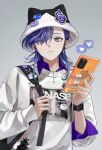  1boy :3 absurdres animal_hat bishounen cat_hat cellphone collared_shirt earrings eyelashes fyuu-ka grey_background hat heart highres hitodama holding holding_phone holostars jewelry long_hair looking_at_viewer male_focus minase_rio mismatched_earrings multiple_necklaces phone purple_eyes purple_hair shirt smartphone solo speech_bubble spoken_heart upper_body virtual_youtuber watch wristwatch 