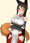  1girl animal_ears artist_request bare_shoulders blush breast_hold breasts brown_hair ccaw cowboy_shot crossed_arms elbow_gloves female fox_ears fox_tail frown gloves groin hair_ornament hairclip highres large_breasts long_hair looking_at_viewer orange_eyes original simple_background solo standing sweatdrop tail very_long_hair wavy_mouth yellow_background 