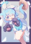  1girl :d absurdres animal_ear_fluff animal_ears animal_hands arona_(blue_archive) blue_archive blue_eyes blue_hair blue_halo blue_shirt bow_hairband cat_ears cat_girl cat_paws cat_tail commentary doughnut fang food foot_up hair_over_one_eye hair_ribbon hairband halo highres kemonomimi_mode light_blue_hair long_bangs long_sleeves looking_at_viewer miniskirt multicolored_hair open_mouth pink_hair pleated_skirt puffy_long_sleeves puffy_sleeves ribbon sailor_collar shirt skin_fang skirt smile solo tail teoskyrios two-tone_hair white_footwear white_ribbon white_sailor_collar white_skirt 