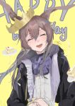  1girl :d amiya_(arknights) animal_ears arknights black_jacket blush brown_hair cake cake_slice character_name closed_eyes commentary cream crown english_commentary facing_viewer food food_on_face grey_shirt hair_between_eyes happy happy_birthday head_tilt hood hood_down jacket long_hair long_sleeves open_clothes open_jacket open_mouth paper_crown plate rabbit_ears rabbit_girl reach_far_away_(viuooczy) shirt sidelocks sketch smile solo teeth unfinished upper_body upper_teeth_only yellow_background 