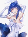  1girl absurdres adjusting_hair armpits blue_archive blue_eyes blue_hair blue_halo breasts choker cleavage covered_navel dress elbow_gloves gloves halo highres kuren_kren large_breasts long_hair looking_at_viewer official_alternate_costume saori_(blue_archive) saori_(dress)_(blue_archive) simple_background solo upper_body white_background white_choker white_dress white_gloves 