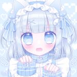  1girl @_@ animal_ears blue_background blue_eyes blue_hairband blush cat_day cat_ears commentary_request fang frilled_hairband frills grey_hair hair_ornament hairband hairclip hands_up heart highres himetsuki_luna jersey_maid long_sleeves looking_at_viewer maid nail_art open_mouth original pinching_sleeves pixelated puffy_long_sleeves puffy_sleeves sleeves_past_wrists solo sweat twitter_username unconventional_maid upper_body wing_hair_ornament x_hair_ornament 