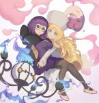  2girls absurdres blonde_hair blue_fire breasts brown_eyes caitlin_(pokemon) chandelure commentary_request dress eyelashes fire glasses gloves hat highres holding_hands long_hair long_sleeves maboroshi_yuki_shiro multiple_girls musharna pantyhose parted_bangs pink_footwear pokemon pokemon_(creature) pokemon_bw purple_hair purple_skirt round_eyewear shauntal_(pokemon) shoes skirt white_background 