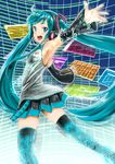  bass_clef beamed_eighth_notes beamed_sixteenth_notes detached_sleeves hatsune_miku headphones long_hair looking_at_viewer looking_back musical_note necktie open_mouth outstretched_arms pleated_skirt quarter_note sixty-fourth_note skirt solo thighhighs thirty-second_note treble_clef very_long_hair vocaloid watanore 