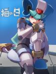  1girl armor black_bodysuit bodysuit cat_day commentary_request fangs grey_hair hand_on_own_face hands_on_own_knee highres looking_at_viewer mega_man_(series) mega_man_zx omochi_(mochi_skymega) pandora_(mega_man) red_eyes sitting solo staff translation_request 