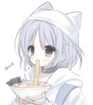  1girl animal_ears animal_hat anone_(00x02) blue_eyes blush bowl cat_hair_ornament cat_hat collar eating fake_animal_ears food grey_hair hair_ornament hashtag_only_commentary hat holding holding_bowl hood hoodie kamaboko long_sleeves narutomaki noodles original short_hair solo two_side_up upper_body 