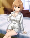  1girl artist_request bed blush brave_witches breasts brown_hair cleavage closed_mouth collarbone crossed_legs green_eyes gundula_rall indoors large_breasts non-web_source official_art on_bed shirt short_hair sitting solo white_shirt window world_witches_series 