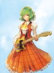  album_cover ascot bangs blue_background collared_shirt cover daisy electric_guitar flower frilled_skirt frills green_hair guitar high-waist_skirt highres instrument iosys juliet_sleeves kazami_yuuka long_sleeves looking_at_viewer matsuda_(matsukichi) open_clothes open_vest puffy_sleeves red_eyes shirt skirt smile solo telecaster touhou vest 