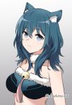  1girl alternate_costume animal_ear_fluff animal_ears bandeau bare_shoulders bell blue_eyes blue_hair breasts byleth_(female)_(fire_emblem) byleth_(fire_emblem) cat_ears commentary_request fire_emblem fire_emblem:_three_houses fur_trim gradient_background grey_background jingle_bell komurice large_breasts long_hair looking_at_viewer midriff revision solo strapless tube_top upper_body 