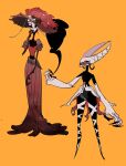 alternate_species anthro arthropod carmilla_carmine clothed clothing crossover dress ear_piercing ear_ring furrification hat hazbin_hotel headgear headwear hollow_knight insect miaomiao orange_background piercing ring_piercing rosie_(hazbin_hotel) simple_background team_cherry