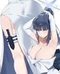  1girl adjusting_hair armpits ass black_hair blue_archive blue_eyes blue_halo blush breasts cleavage closed_mouth dress elbow_gloves gloves halo highres kneepits large_breasts long_hair multiple_views official_alternate_costume saori_(blue_archive) saori_(dress)_(blue_archive) simple_background white_background white_dress white_gloves yzr_(yzr99) 