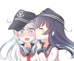  akatsuki_(kantai_collection) anchor_symbol black_hair blue_eyes blush closed_eyes commentary flat_cap hair_between_eyes hat hibiki_(kantai_collection) kantai_collection kiss long_hair long_sleeves moninora multiple_girls neckerchief nose_blush open_mouth red_neckwear school_uniform serafuku silver_hair simple_background white_background yuri 