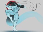 3_toes 5_fingers abs absurd_res anthro aquatic_dragon bakunawa biceps black_head black_markings blue_body blue_markings claws dragon empty_eyes facial_hair featureless_crotch feet fighting_pose fingers gloves_(marking) hi_res male marine markings muscular muscular_anthro muscular_male mythological_creature mythological_scalie mythology nippleless on_one_leg pecs pose scalie sharp_claws simple_background solo standing toes white_markings yellow_eyes yourboi_lynno