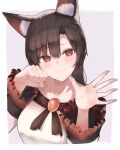  1girl absurdres animal_ear_fluff animal_ears bare_shoulders brown_hair collarbone dress frilled_sleeves frills hair_between_eyes highres imaizumi_kagerou long_sleeves pollux368 puffy_long_sleeves puffy_sleeves red_eyes smile solo touhou upper_body white_dress wolf_ears wolf_girl 