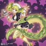  1girl arikanrobo dragon_girl dragon_tail duel_monster green_hair highres holding holding_plate looking_at_viewer maid_headdress open_mouth orange_eyes parlor_dragonmaid plate print_background puffy_short_sleeves puffy_sleeves short_sleeves solo star_(symbol) star_print tail thighhighs yu-gi-oh! 