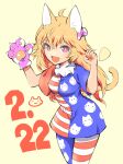  1girl :d ahoge american_flag_dress american_flag_legwear animal_ears animal_hands animal_print blonde_hair bow breasts bright_pupils cat_day cat_ears cat_girl cat_print cat_tail clownpiece colored_eyelashes commentary_request cowboy_shot crossed_bangs dated eyelashes fang gloves hair_between_eyes hair_bow hands_up highres ichizen_(o_tori) kemonomimi_mode long_hair looking_at_viewer one-hour_drawing_challenge open_mouth paw_gloves paw_pose pink_bow purple_eyes short_eyebrows short_sleeves simple_background single_glove skin_fang small_breasts smile solo spiked_hair tail touhou v-shaped_eyebrows white_pupils yellow_background 