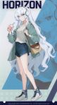  absurdres alternate_costume android bag blue_eyes counter:side denim denim_shorts drink handbag headphones highres horizon_(counter:side) jacket long_hair non-web_source official_alternate_costume official_art open_clothes open_jacket shoes shorts sneakers watch white_hair wristwatch 