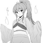  1girl blush botan_(yu_yu_hakusho) commentary_request greyscale highres japanese_clothes kimono long_hair long_sleeves looking_at_viewer metsu_end monochrome open_mouth ponytail simple_background smile solo white_background yu_yu_hakusho 