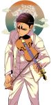  1boy alternate_hairstyle artist_name black_eyes bow_(music) closed_mouth dark-skinned_male dark_skin dragon eastern_dragon golden_kamuy green_background hand_up highres holding holding_bow_(music) holding_instrument holding_violin instrument koito_otonoshin long_sleeves looking_at_object male_focus music orange_background pants playing_instrument short_hair signature solo standing suit tsuruko_turuta very_short_hair vest violin white_background whorled_clouds yellow_pants yellow_suit yellow_vest 