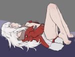  1girl barefoot blush breasts chernyyvo clara_(honkai:_star_rail) feet female_masturbation from_side full_body highres honkai:_star_rail honkai_(series) jacket knees_up legs long_hair lying masturbation nipples on_back red_jacket small_breasts solo toes white_hair 