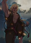  1boy abs alternate_color armpits blonde_hair blue_eyes dougi embers fingerless_gloves forked_eyebrows gloves ken_masters knee_up long_hair looking_at_viewer low_ponytail male_focus muscular muscular_male ohji130 open_mouth pectorals shouryuuken street_fighter uppercut v-shaped_eyebrows 