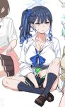  3girls black_hair black_skirt blue_archive blue_eyes blush breasts clearite cleavage collarbone collared_shirt halo highres kneehighs large_breasts long_hair looking_to_the_side multiple_girls saori_(blue_archive) shirt short_sleeves side_ponytail sitting skirt socks solo_focus white_shirt 