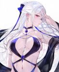  1girl absurdres alternate_costume blue_choker blush breasts choker cleavage closed_mouth collarbone earrings hand_up highres honkai:_star_rail honkai_(series) jewelry jingliu_(honkai:_star_rail) large_breasts long_hair looking_at_viewer navel paid_reward_available qiandaiyiyu red_eyes sideboob solo upper_body white_hair 
