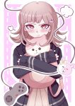  1girl animal_bag backpack bag blush brown_hair cat_bag closed_mouth controller danganronpa_(series) danganronpa_2:_goodbye_despair flipped_hair galaga hair_ornament highres holding holding_bag hood hugging_object jacket long_sleeves looking_at_viewer medium_hair monomi_(danganronpa) nanami_chiaki neck_ribbon open_clothes open_jacket pink_bag pink_eyes pleated_skirt pout ribbon skirt solo 