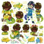  2boys animal axolotl bandaid bandaid_on_face black_hair blue_horns blue_overalls bobby_(quackity_smp) brown_hair child closed_mouth commentary dark-skinned_male dark_skin double_v dragon_boy dragon_horns dragon_tail egg english_commentary flower freckles green_horns hair_over_eyes highres horns long_sleeves male_focus mooshroom multiple_boys multiple_views open_mouth overalls purple_eyes quackity_smp richarlyson_(quackity_smp) shirt short_hair shorts simple_background sleepy_cheeky smile standing star_(symbol) sword tail v weapon white_background white_shirt yellow_shirt 
