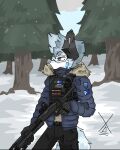blue_eyes bulletproof_vest canid canine canis clothing detailed_background eyewear fur glasses hi_res holding_object holding_weapon hz_foxy jacket male mammal police police_uniform snow solo solo_focus topwear uniform unknown_character weapon wearing_glasses white_body white_fur wolf