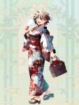  1girl bag bag_charm bead_bracelet beads bracelet brown_eyes carmen_licorice_radiata chain_paradox charm_(object) earrings fangs floral_print_kimono flower food full_body glint hair_between_eyes hair_flower hair_ornament handbag heart highres hiruno_maya holding holding_food holding_popsicle japanese_clothes jewelry kimono multicolored_hair open_mouth popsicle red_nails sandals sanpaku short_hair spider_lily spiked_hair streaked_hair toeless_footwear wide_sleeves yukata 