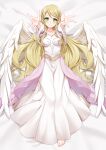  1girl absurdres angel_wings bad_source barefoot bed blonde_hair chrita commission commissioner_upload dress feathered_wings fire_emblem fire_emblem:_path_of_radiance fire_emblem:_radiant_dawn green_eyes highres leanne_(fire_emblem) long_hair looking_at_viewer lying on_back on_bed reaching reaching_towards_viewer smile solo white_background white_dress white_wings wings 