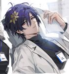  1boy black_shirt blue_hair coat dr._ratio_(honkai:_star_rail) fractalmagnolia hair_between_eyes hair_ornament highres holding holding_paper honkai:_star_rail honkai_(series) looking_at_viewer male_focus paper red_eyes shirt short_hair solo white_coat 