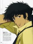  1boy cowboy_bebop highres light_smile messy_hair necktie official_art portrait red_eyes scan shirt simple_background solo spike_spiegel spiked_hair white_background yellow_shirt 