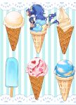  1girl absurdres animal_ears blue_bow blue_choker blue_footwear blue_gloves blue_hair blue_shirt blue_thighhighs bow bubble_skirt choker crown_earrings cure_gelato food food_focus from_side gloves highres ice_cream ice_cream_cone kirakira_precure_a_la_mode layered_skirt lion_ears lion_tail long_hair looking_at_viewer magical_girl name_connection nelo55511 object_namesake open_mouth popsicle precure profile shirt shoes single_thighhigh skirt smile soft_serve solo striped_background tail tategami_aoi thighhighs waffle_cone 