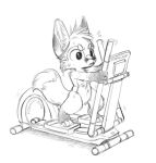 2018 anthro canid canine elliptical_trainer exercise featureless_crotch fox frown fur greyscale hair male mammal monochrome nude red_fox silverfox5213 silverfox5213_(character) solo text true_fox walking