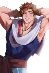  1boy arabian_clothes armlet armpits arms_behind_head artist_request asamine_matakara backlighting bara blue_eyes brown_hair bucchigiri?! cowboy_shot earrings gloves grin highres jewelry looking_at_viewer male_focus muscular muscular_male official_alternate_costume pectoral_cleavage pectorals pendant short_hair simple_background smile solo thick_eyebrows 