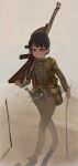  1girl absurdres buttons chauchat collared_shirt furrowed_brow gun highres long_sleeves military military_uniform original polilla pout sand shirt short_hair solo uniform v-shaped_eyebrows walking weapon 