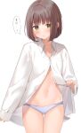  1girl blue_panties blush bra bra_peek brown_hair clothes_lift collared_shirt cowboy_shot dress_shirt green_eyes highres kurasawa_moko lifted_by_self looking_at_viewer navel no_pants open_clothes open_shirt original panties shirt shirt_lift short_hair simple_background solo unbuttoned underwear white_background white_shirt 